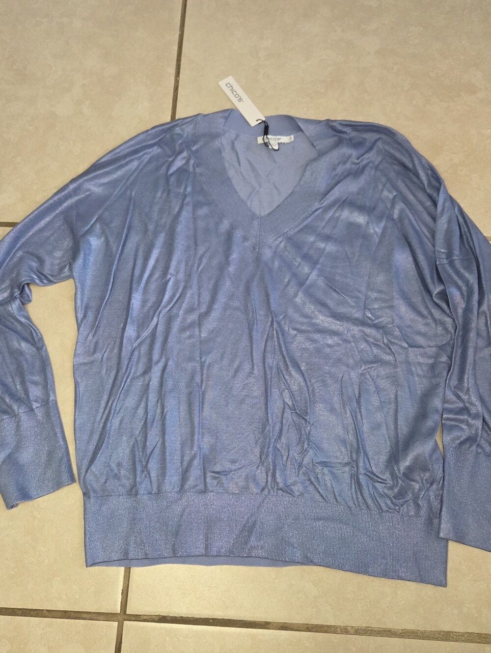 Chico's Foil V-Neck Relaxed Pullover Sweater in the color Blue Muse NWT